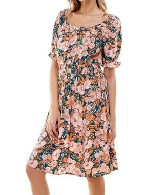LUXOLOGY Scoop Neck Elastic Waist Floral Puffy Short Sleeves Dress - Large